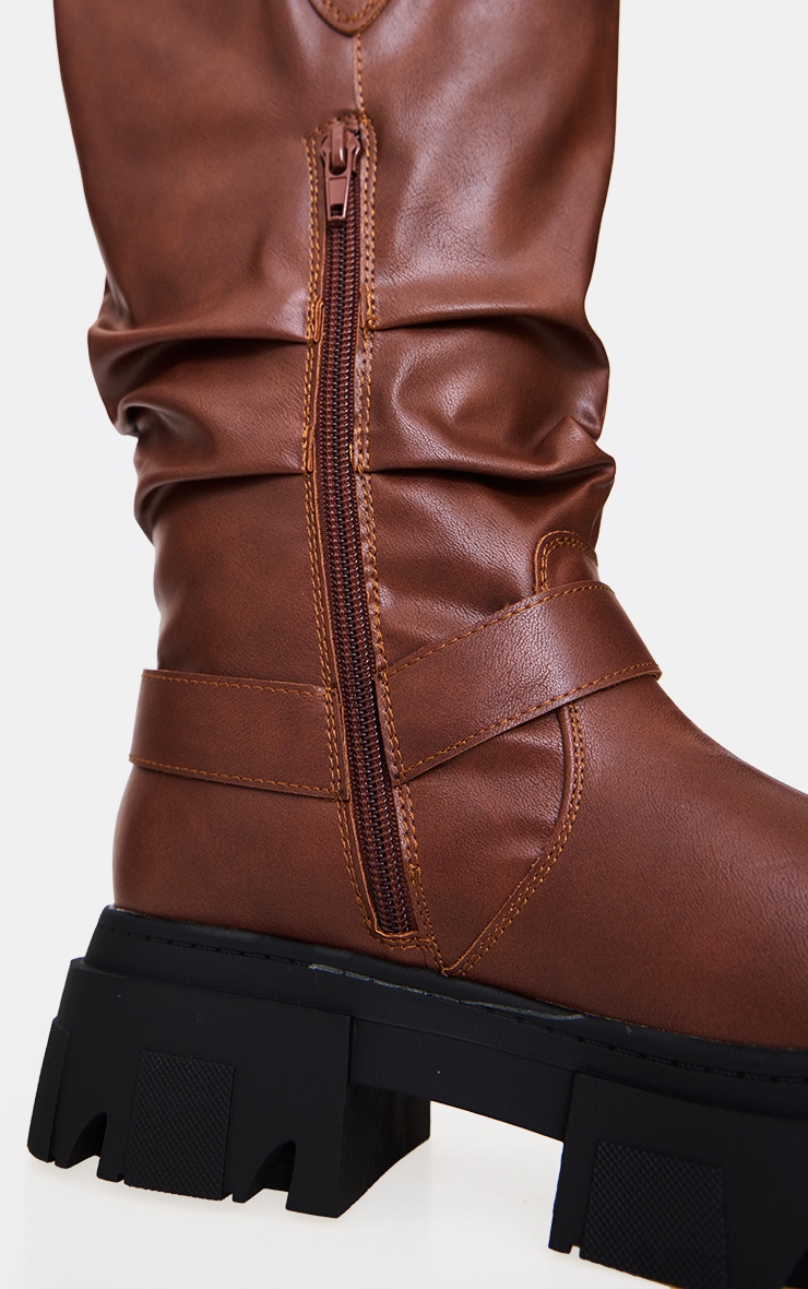 Tan Round Toe Buckle Knee High Chunky Boots image 4