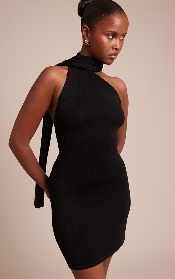 Black Scarf Detail Knitted Mini Dress image 1