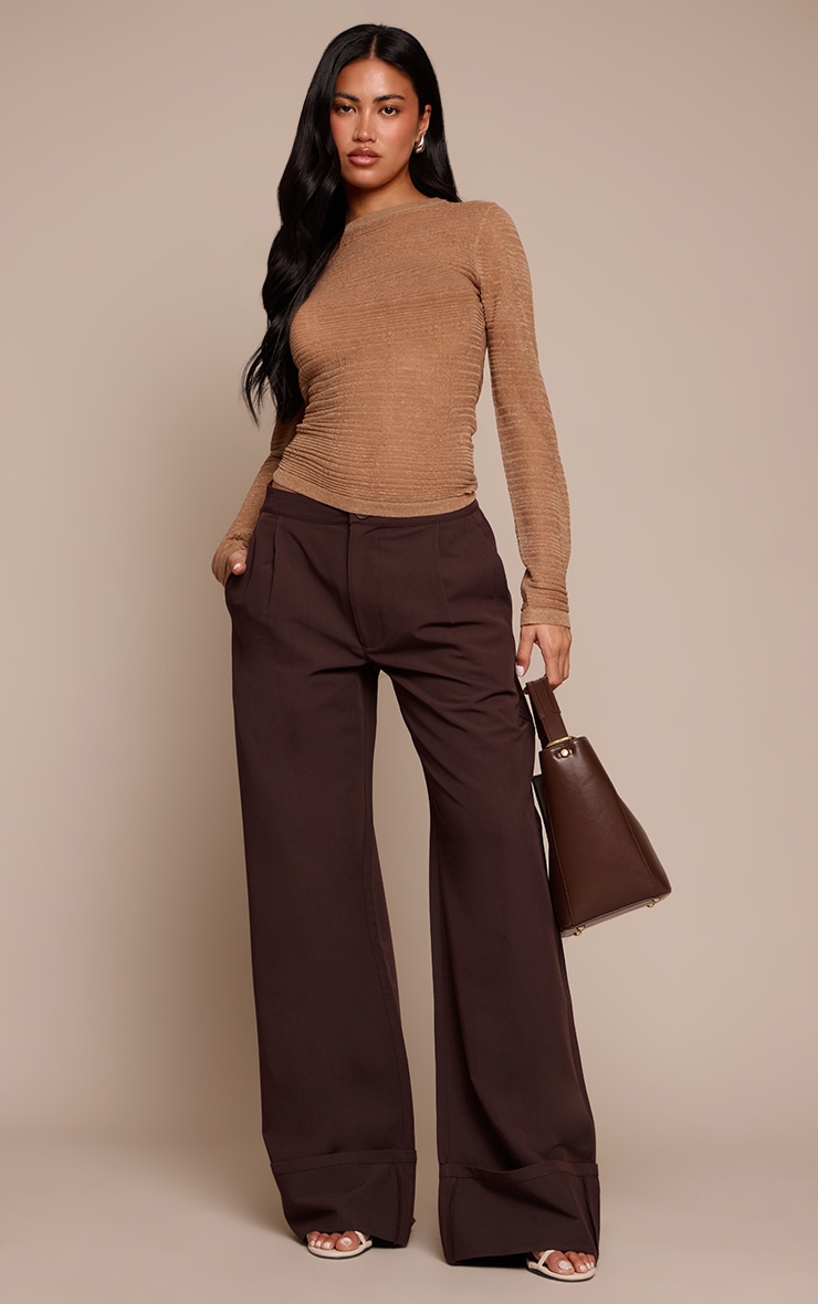 Dark Chocolate Woven Tailored Wide Leg Pleated Pants image 1