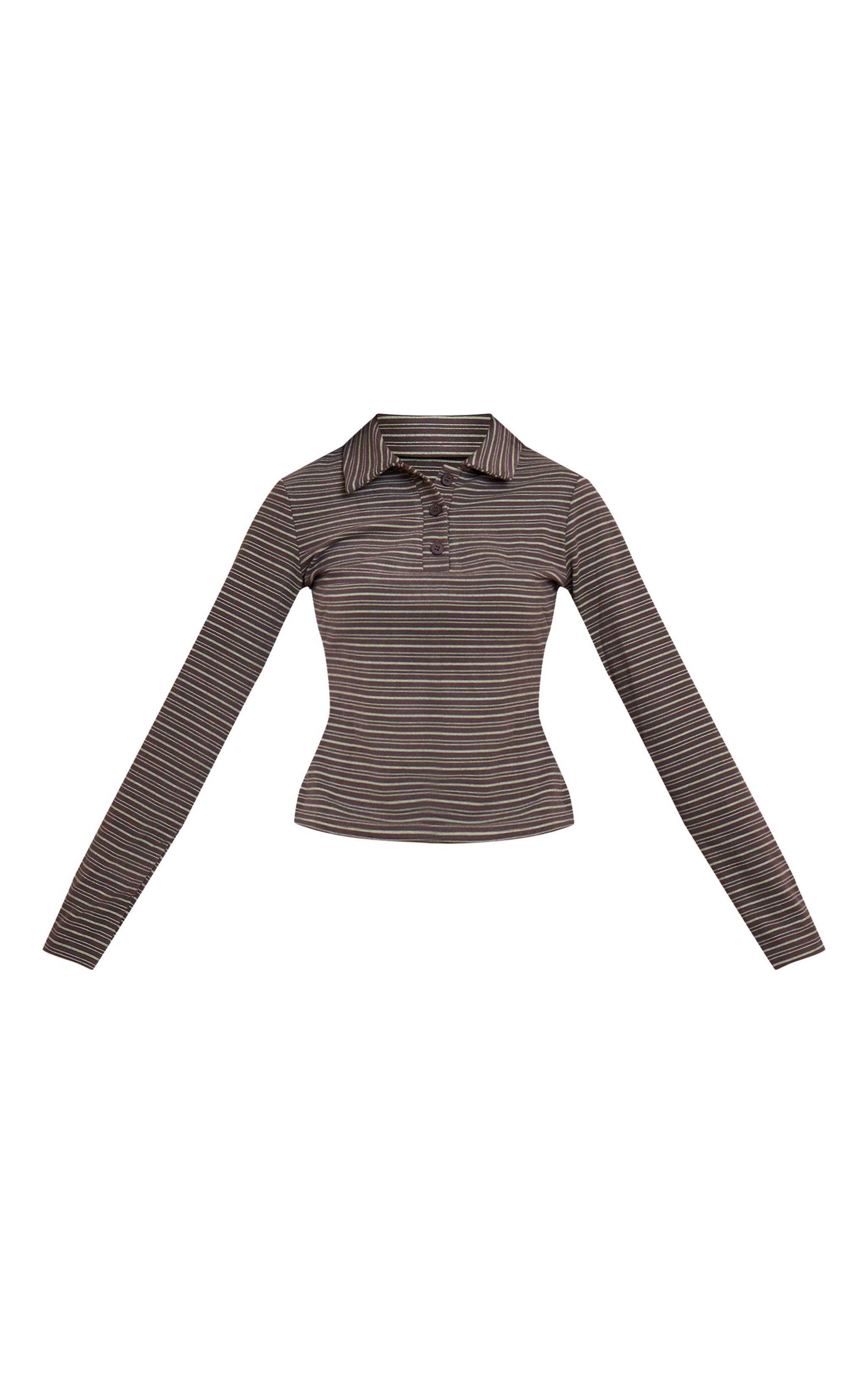 Chocolate Soft Fleece Pinstripe Collar Detail Long Sleeve Top  image 5