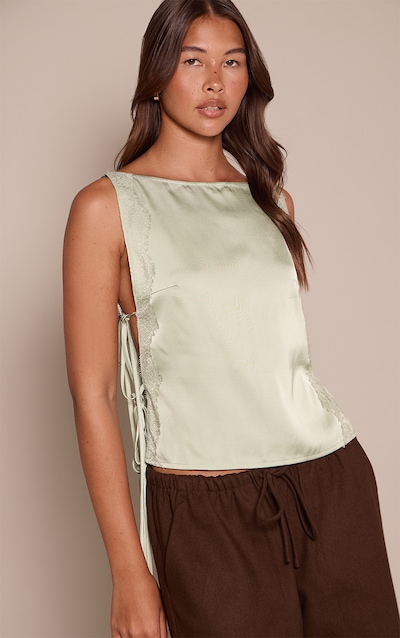Sage Satin Lace Open Side Tie Top
