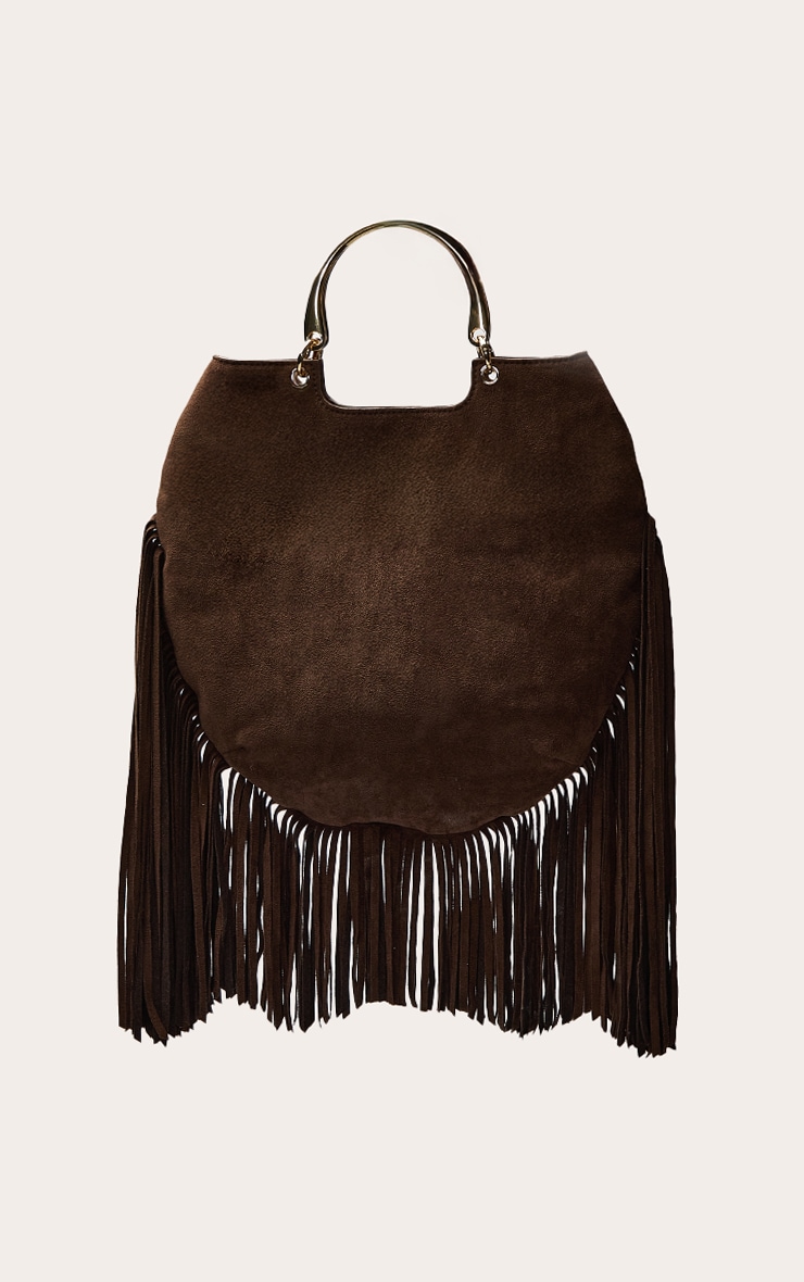 Chocolate Fringe Metal Handle Slouchy Tote Bag image 2