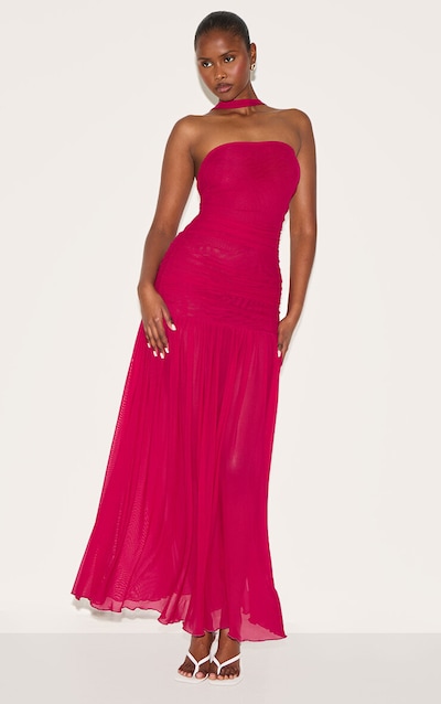 Robe longue fuchsia froncée à détail foulard et taille tombante