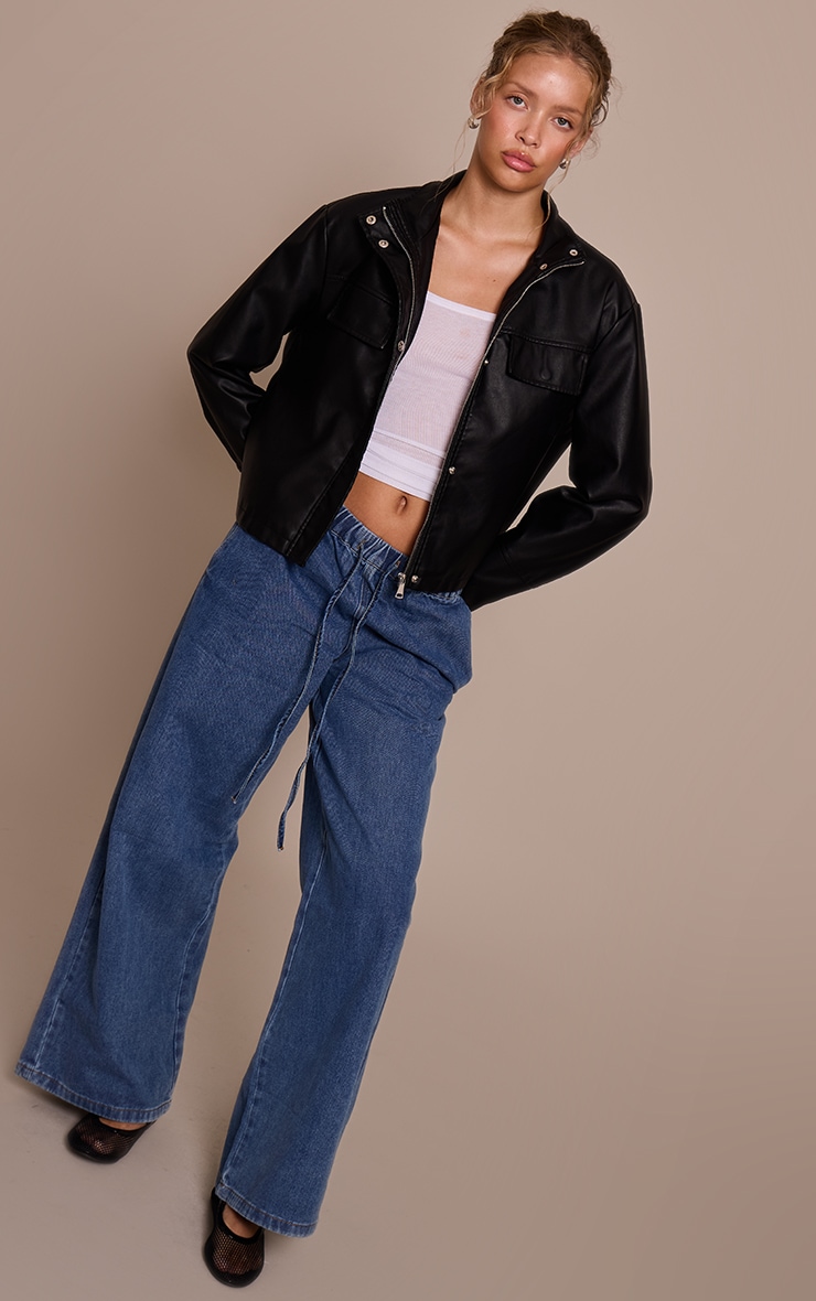 Black Faux Leather Funnel Neck Jacket image 3
