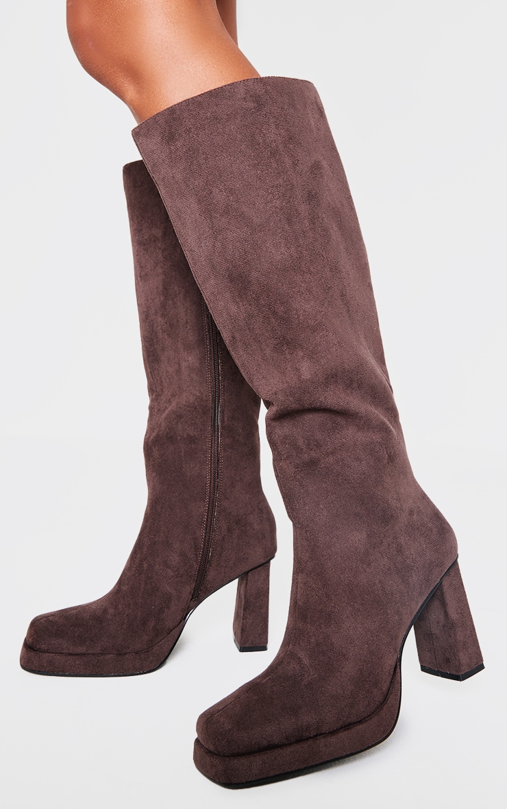 Chocolate Faux Suede Square Toe High Block Heel Knee High Boots image 2