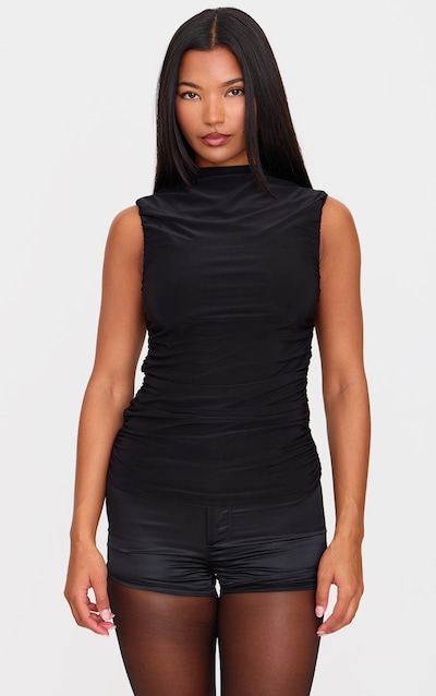 Black Double Layer Slinky Ruched Detail Long Top