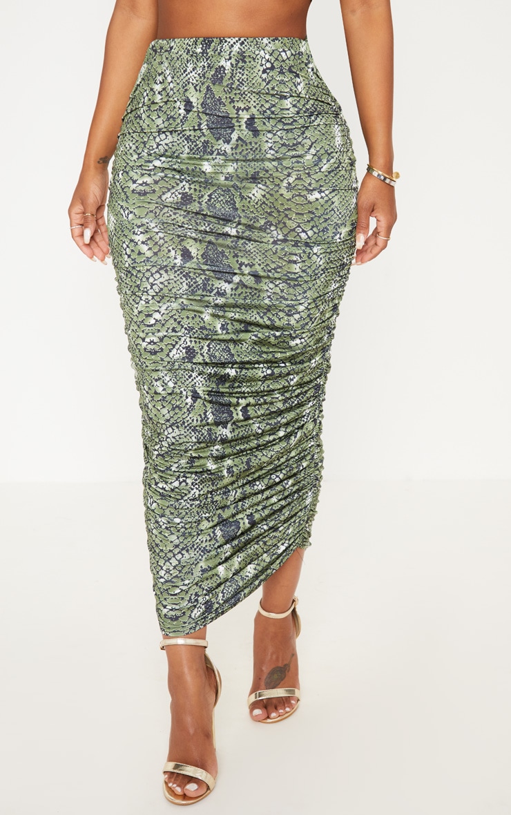 Shape Green Snake Print Ruched Midi Skirt PrettyLittleThing USA