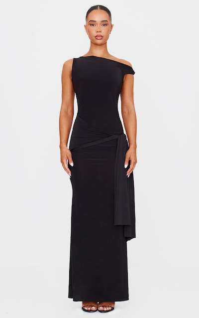 Robe longue moulante noire à épaule dénudée et détail drapé