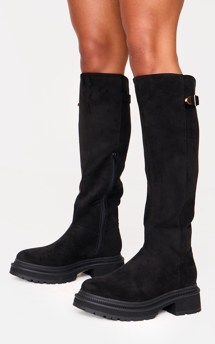 Bottes hautes en suédine noire à semelle épaisse et petit talon carré image 2
