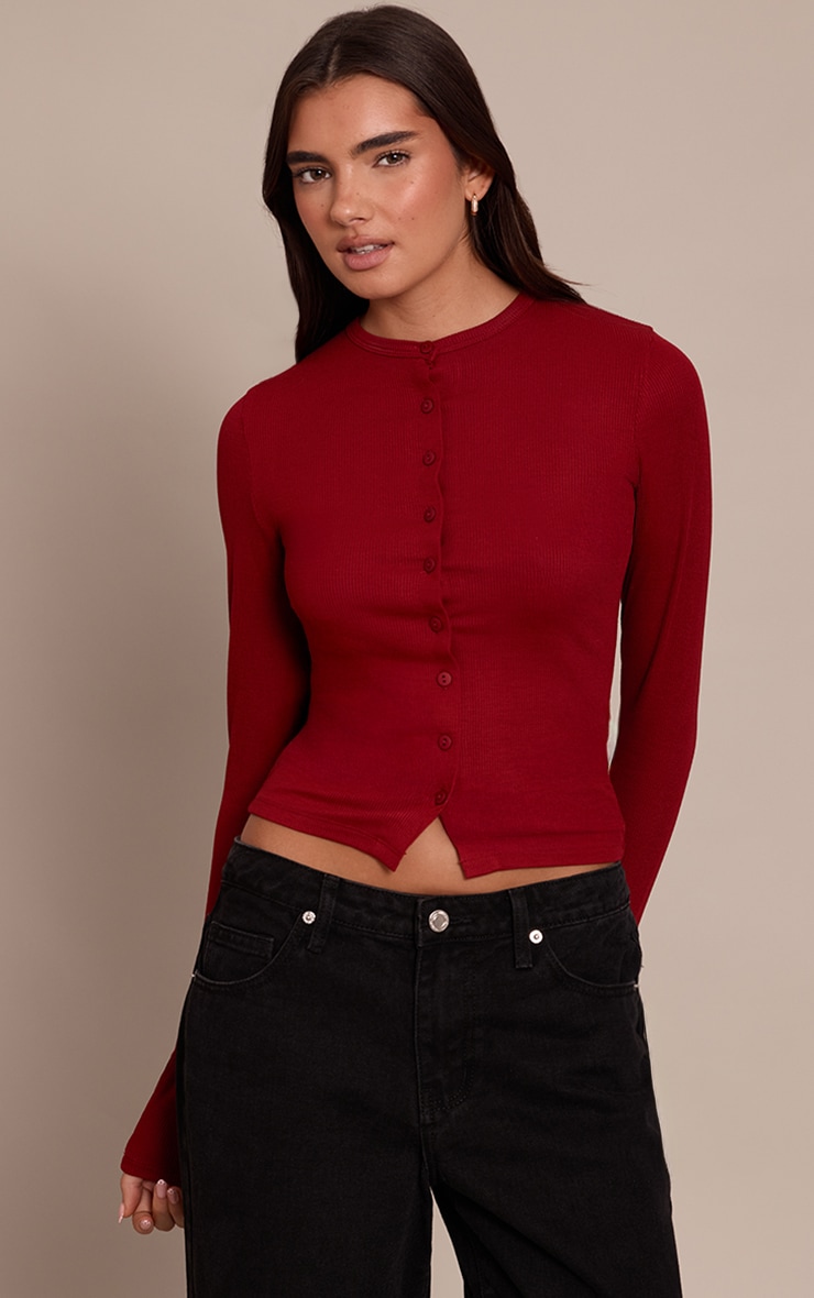 Deep Red Soft Rib Button Down Long Sleeve Top image 1