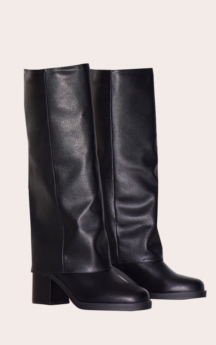 Black Pu Round Toe Fold Over Low Block Heel Boots image 2
