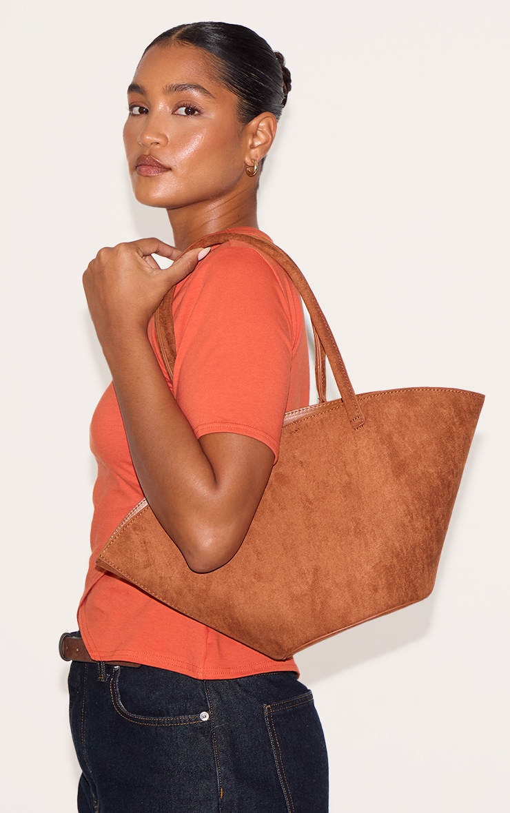 Tan Faux Suede Bucket Tote Bag image 5