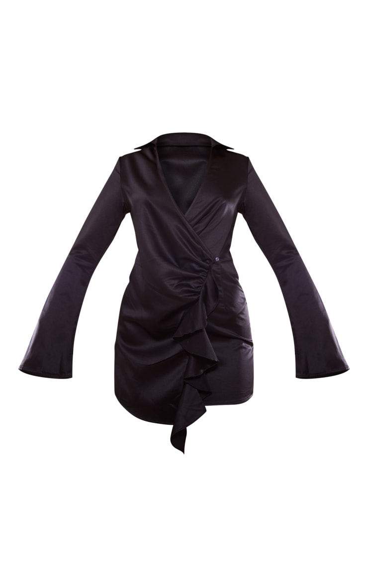 Black Satin Wrap Frill Detail Shirt Dress image 5