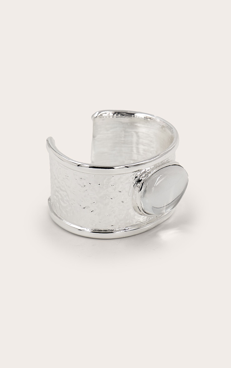 Bracelet manchette texturé argenté à pierre transparente image 2