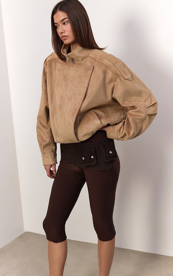 Sand Funnel Neck Low Belt Soft Suede Biker Jacket