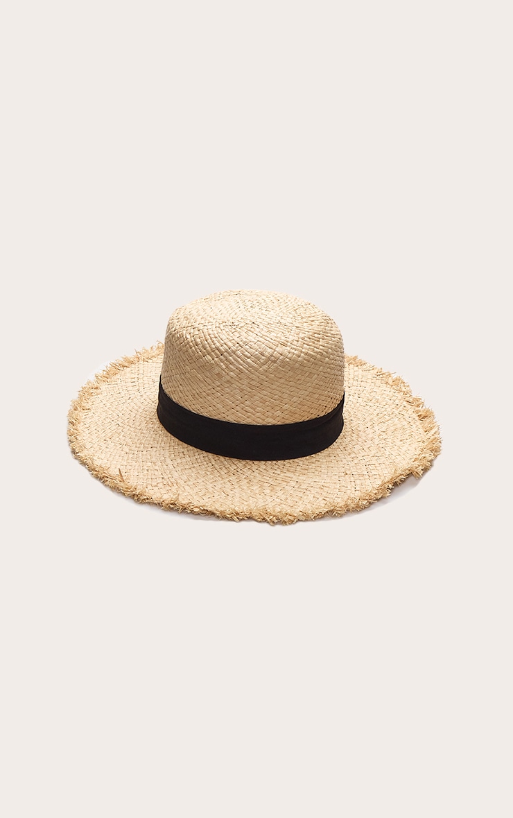 Natural Raffia Frayed Straw Sun Hat with Black Ribbon Detail image 2