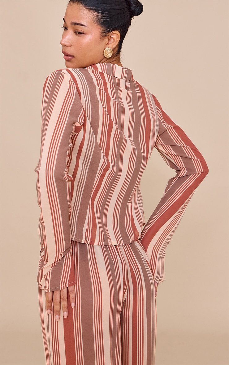 Beige Chiffon Striped Long Sleeve Tie Front Shirt image 2