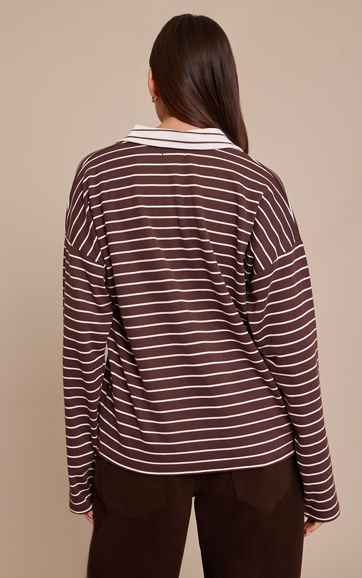 Chocolate Striped Collared Rugby Style Oversized Long Sleeve Top image 2