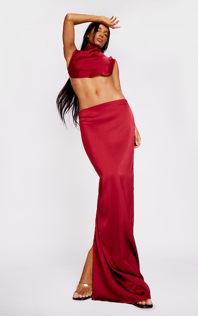 Cherry Red Satin Mid Rise Maxi Skirt