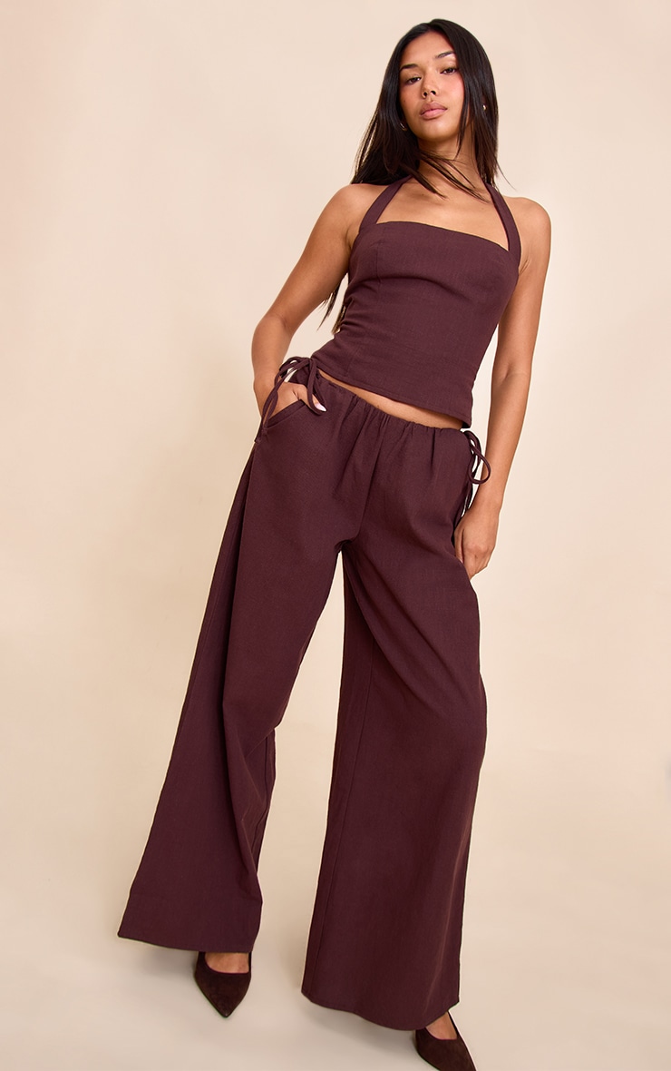 Deep Chocolate Premium Linen Side Tie Detail Wide Leg Pants image 1