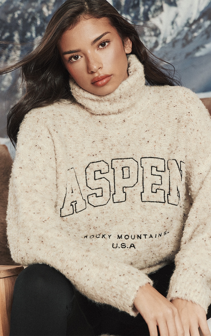 Oatmeal Slogan Embroidered Speckled Oversized Knit Jumper  image 4
