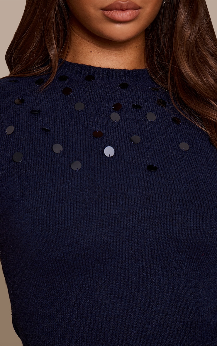 Top en maille tricot bleu marine à mancherons et sequins image 4