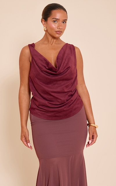 Shape Wine Faux Suede Cowl Neck Gold Trim Top