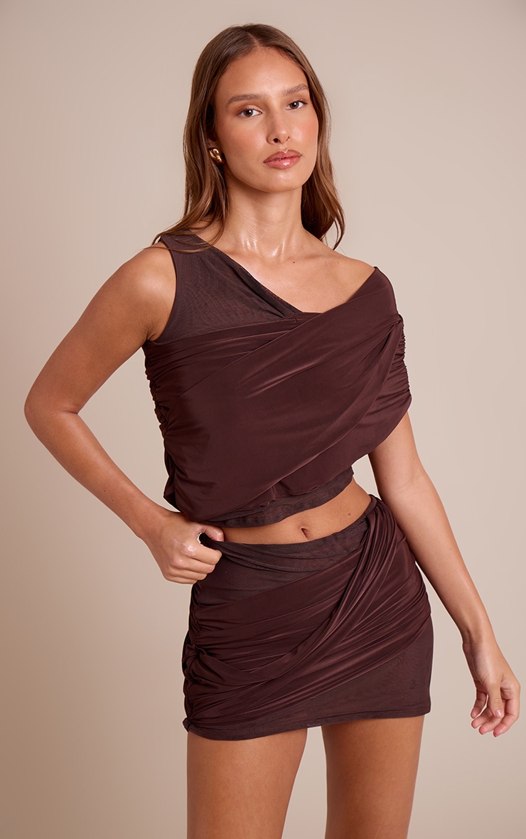 Chocolate Mesh Double Layer Slinky Drape Mini Skirt image 4