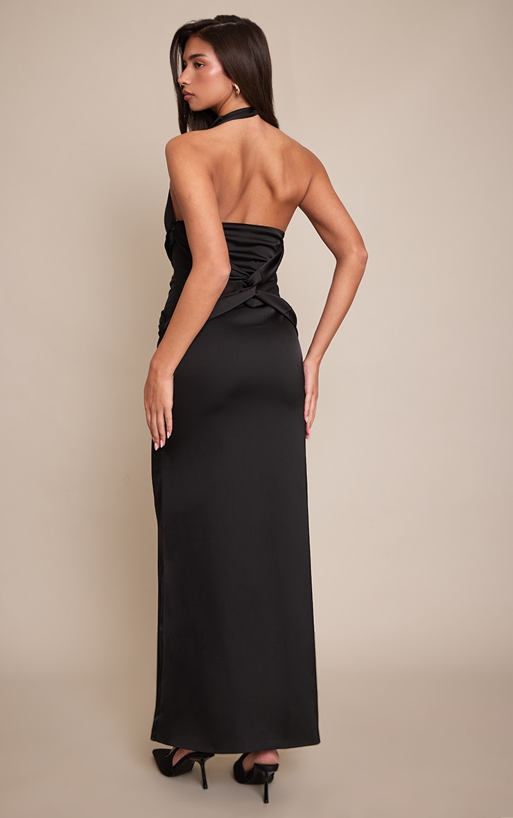 Robe longue satinée noire à détail en mesh image 2