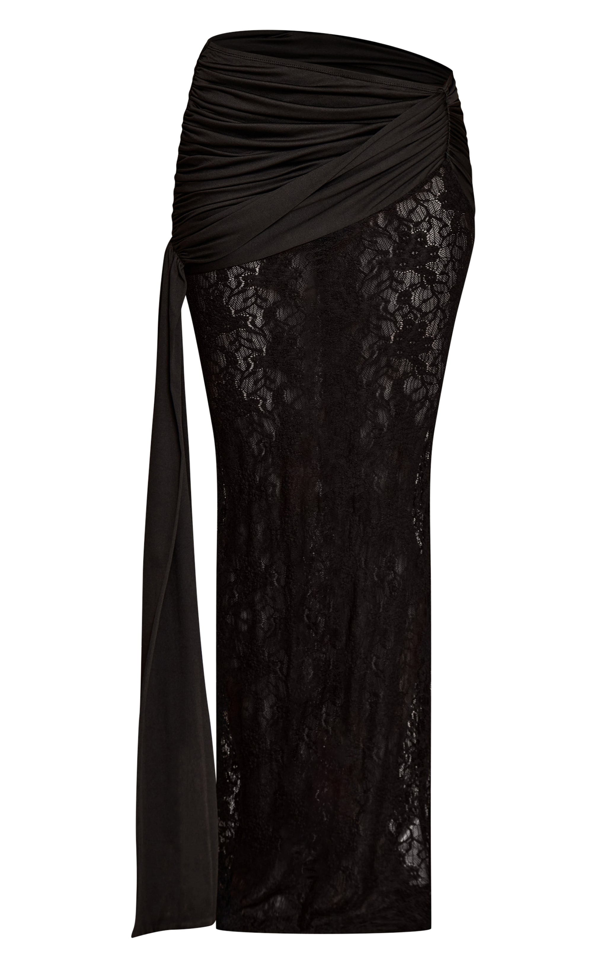 Jupe longue moulante en dentelle noire froncée à partie superposée drapée image 5