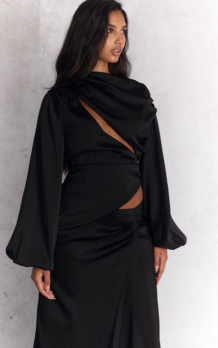 Black Satin Cut Out Long Sleeve Blouse image 4