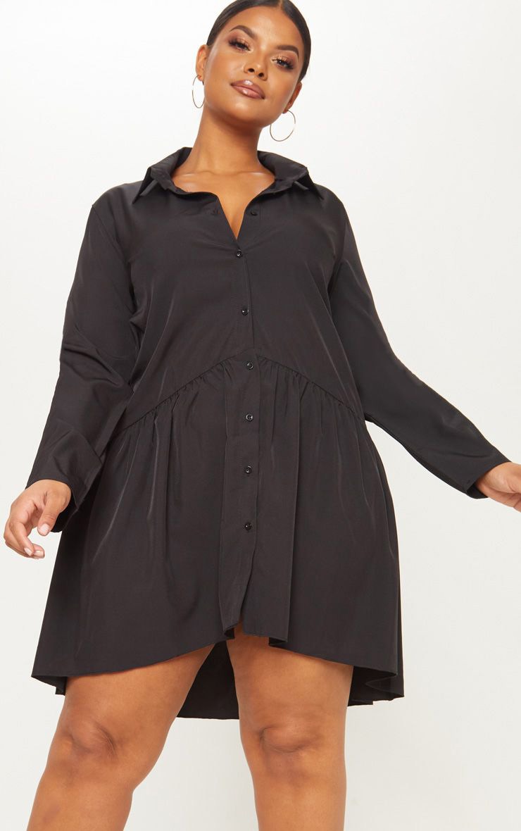 PLT Plus - Robe chemise noire volantée à boutonner