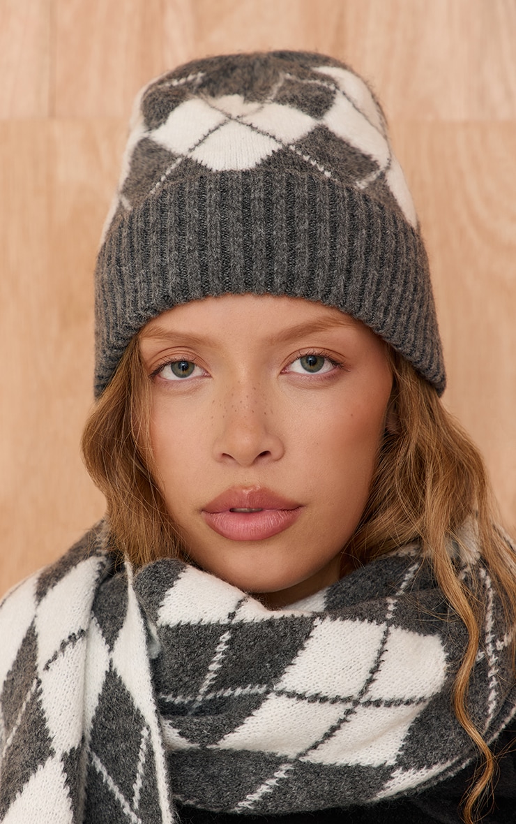 Charcoal Argyle Knitted Fold Over Beanie image 1
