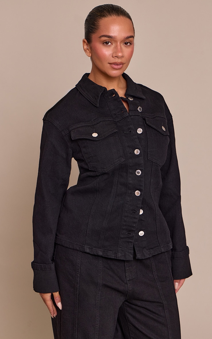 Shape black Stretch Denim Turn Up Sleeve Adjustable Back Jacket image 1