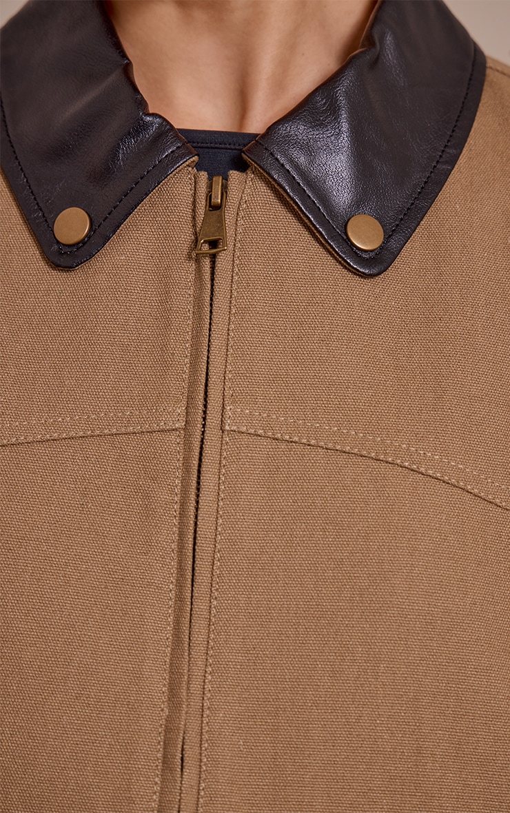 Brown Contrast Collar Twill Oversized Trucker Jacket image 4