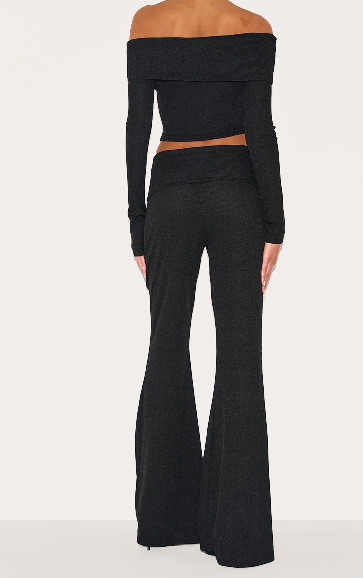 Black Rib Low Rise Foldover Flared Pants image 3