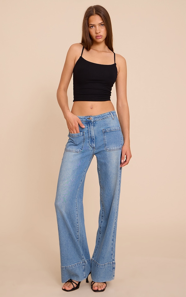 Mid Blue Wash Hem Seam Detail Front Pocket Jeans