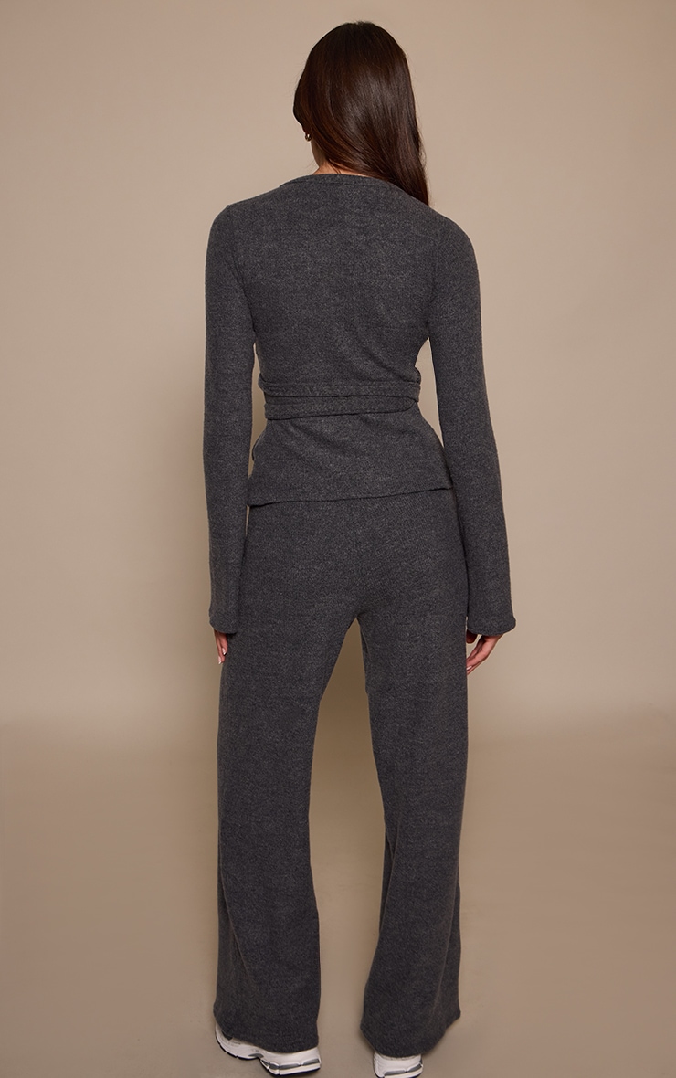 Charcoal Grey Marl Ribbed Wide Leg Trousers image 3