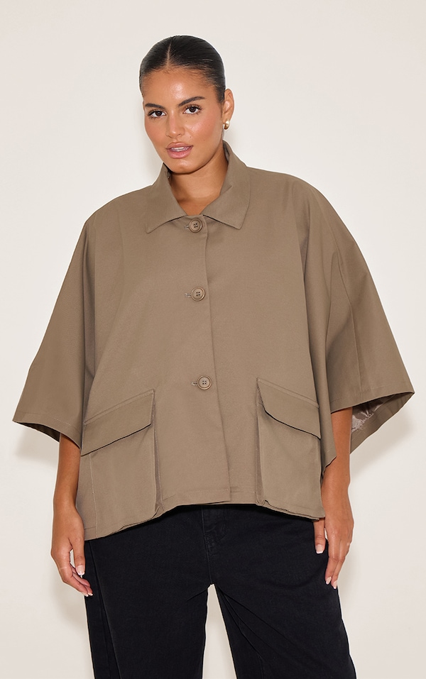 Plus Taupe Batwing Cropped Trench Style Jacket