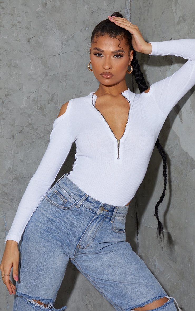 White Rib Cold Shoulder Zip Front Long Sleeve Bodysuit