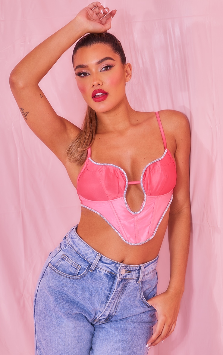 Pink Diamante Trim Plunge Corset Top image 1