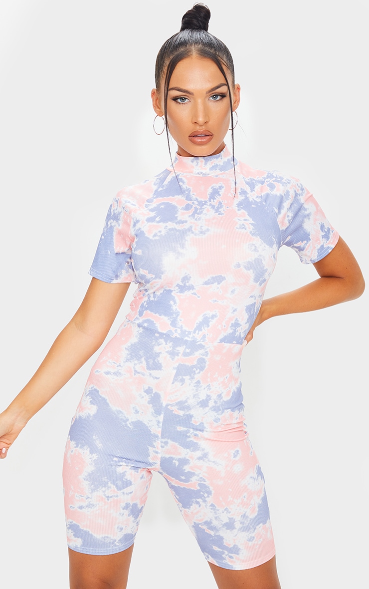 Nude Tie Dye Ribbed High Neck Unitard