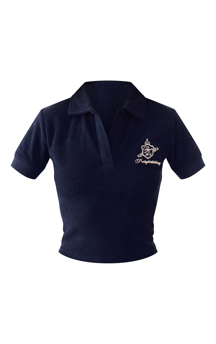 Navy Embroidered Towelling Polo Top image 5