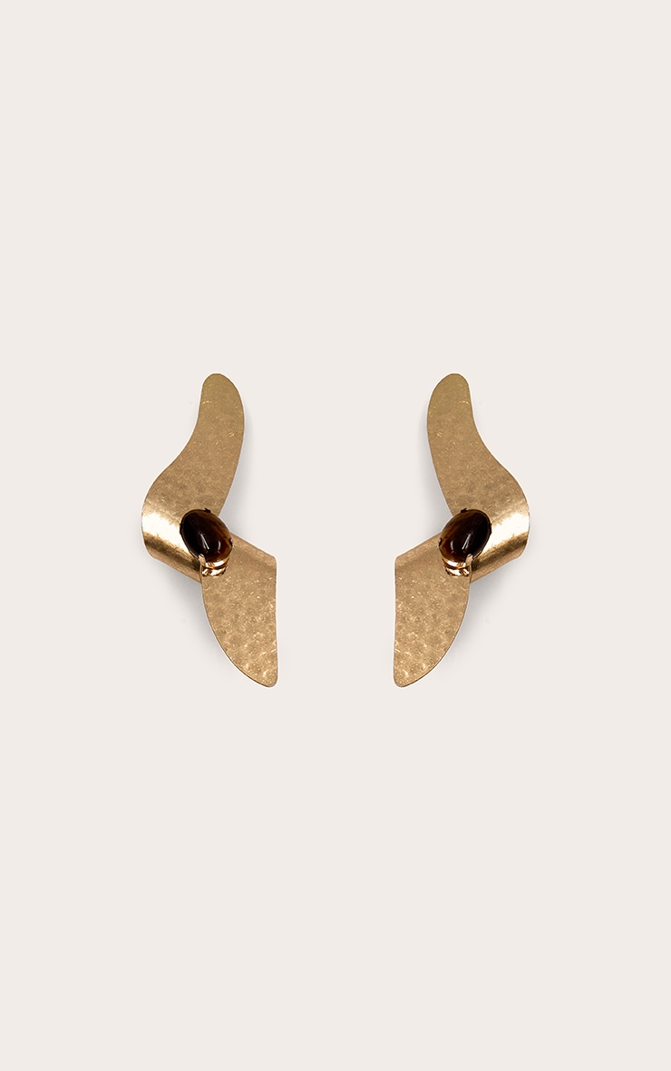 Gold Hammered Abstract Tigers Eye Statement Earrings image 2