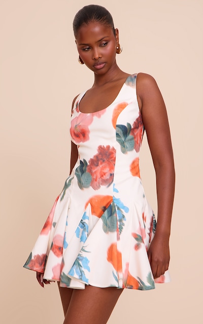 Cream Floral Printed Woven Godet Detail Shift Dress