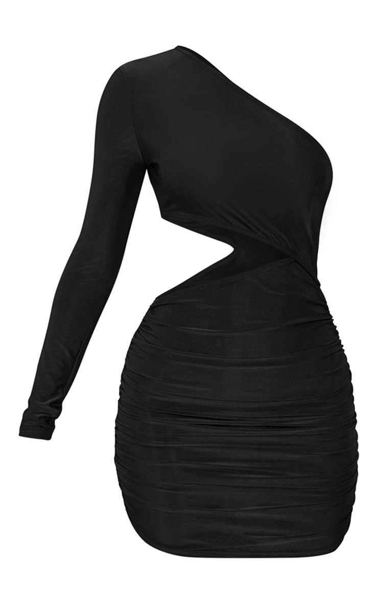 Petite Black Slinky One Shoulder Waist Cut Out Ruched Bodycon Dress image 1