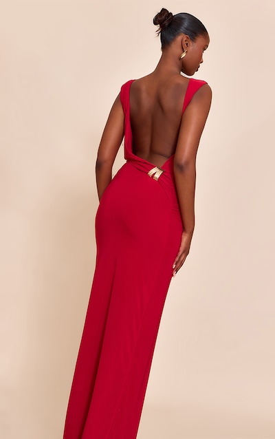 Robe longue moulante doublée rouge à dos échancré et empiècement