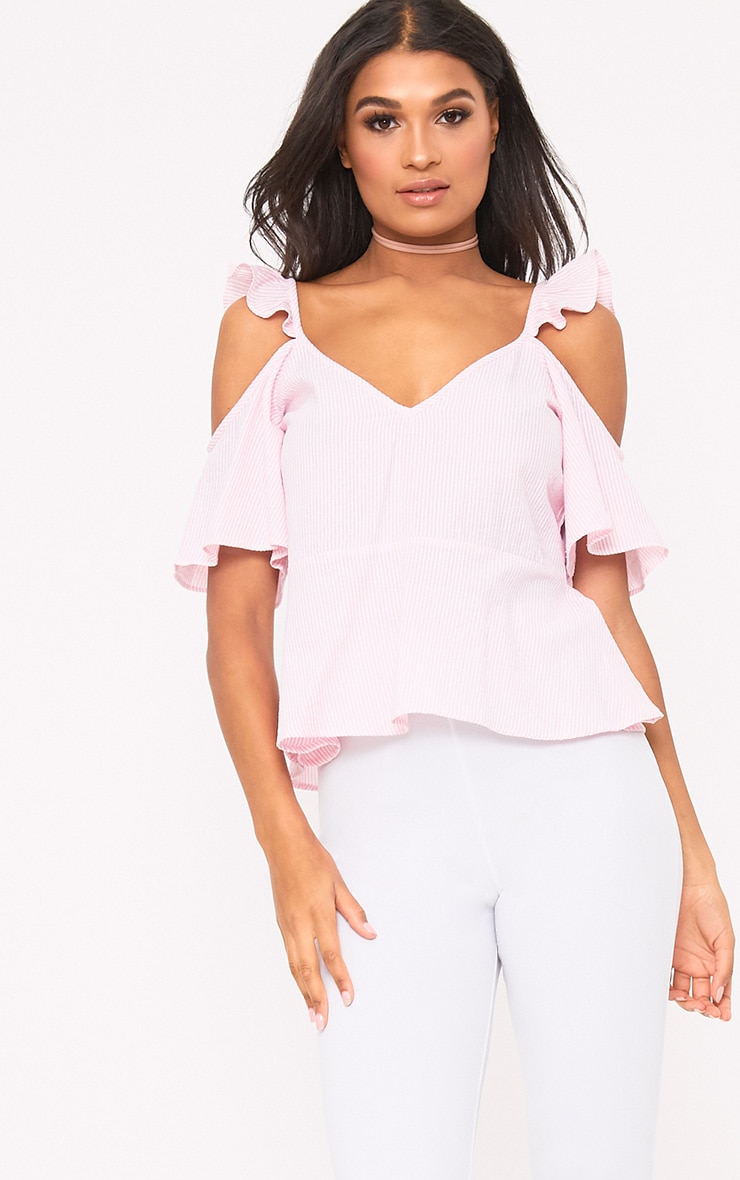 Pink Stripe Cold Shoulder Ruffle Cami Top. Tops PrettyLittleThing