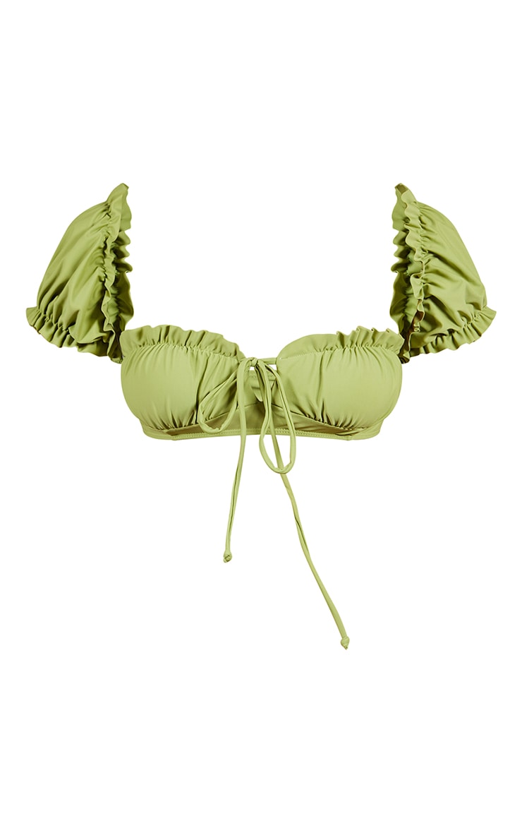 Haut de maillot de bain froncé vert olive à manches bouffantes image 5