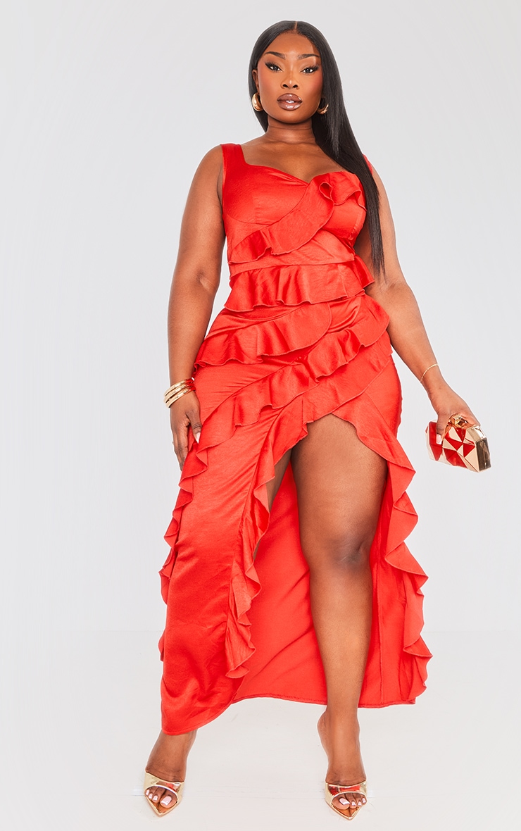 Plus Red Satin Ruffle Detail Crop Top image 3